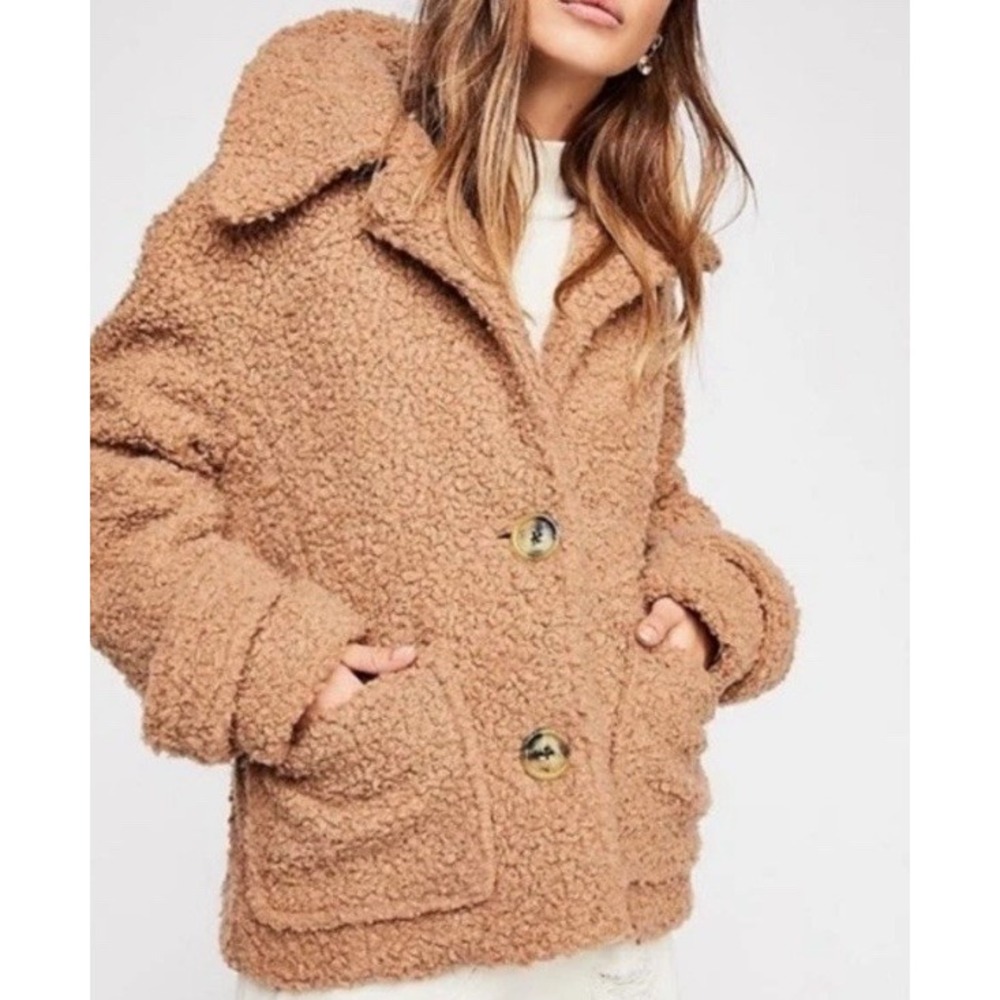 Free People So Soft Cozy Teddy Bear Size XS Beige Fuzzy Button Up Peacoar Jacket - Picture 5 of 14